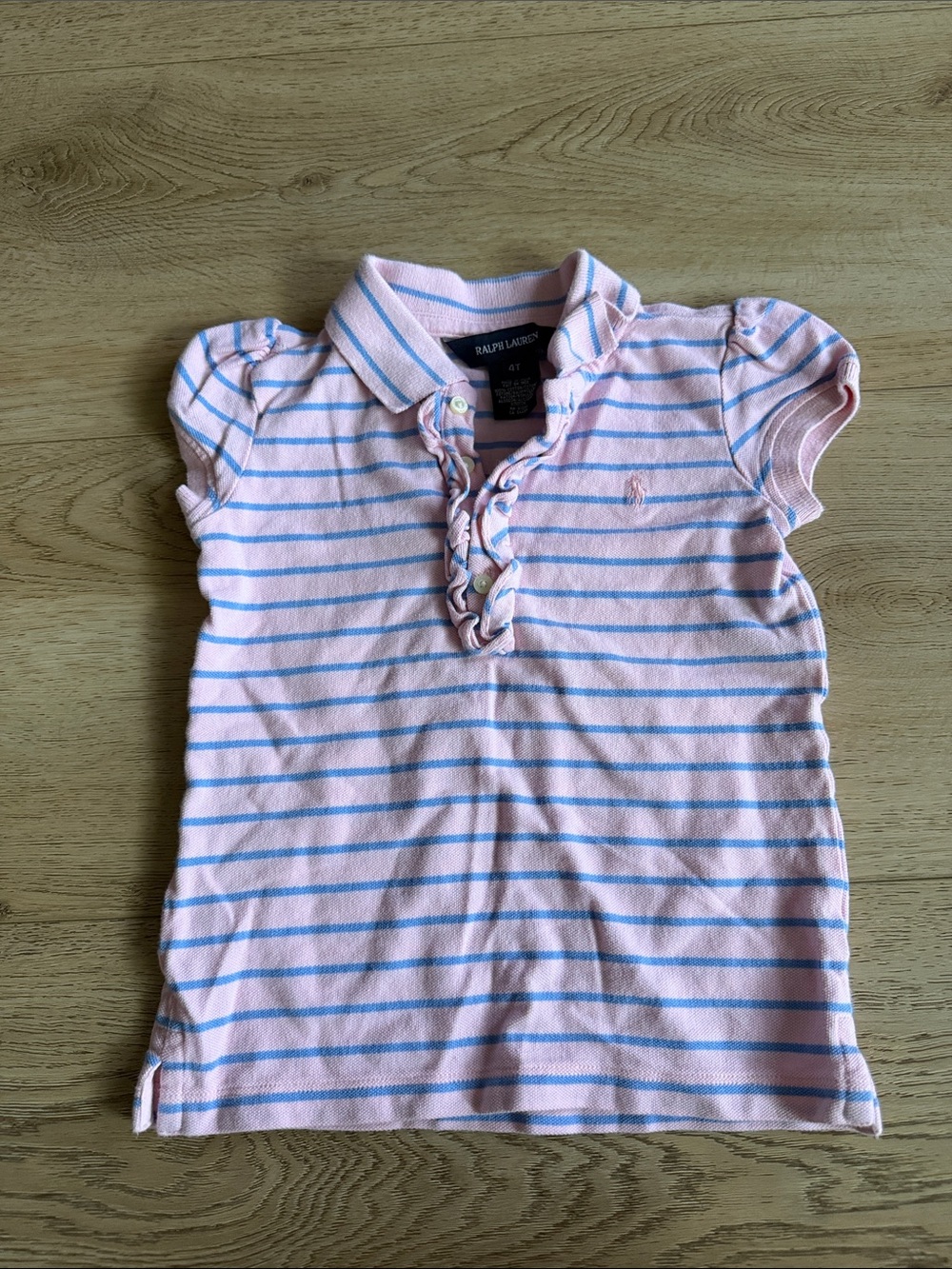 Ralph Lauren Pink and Light Blue Striped Girls Polo with Ruffle Placket 4T
